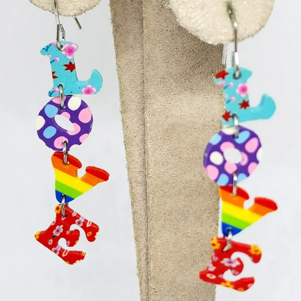 LOVE Long Multi Color Rainbow Dangle Pierced Light Weight Fashion Earrings